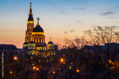 Fotografie Cathedral church in Kharkiv, Ukraine at sunset with lights