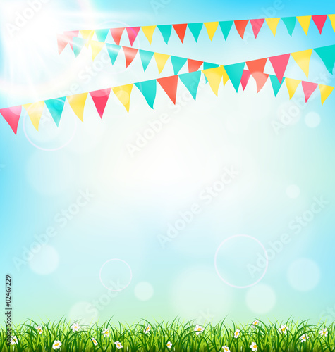 Celebration background with buntings grass and sunlight on sky b