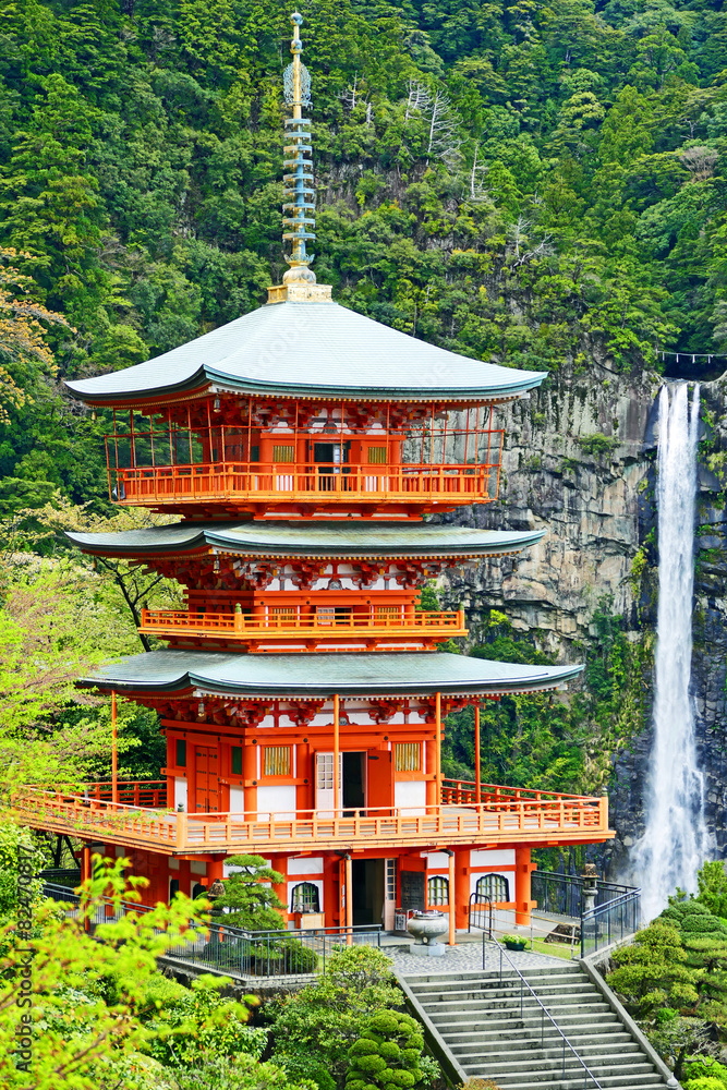 Scenic View of Kumano Nachi Taisha and Nachi Waterfall in Kii-Katsuura, Japan Scenic View of Kumano Nachi Taisha and Nachi Waterfall in Kii-Katsuura, Japan