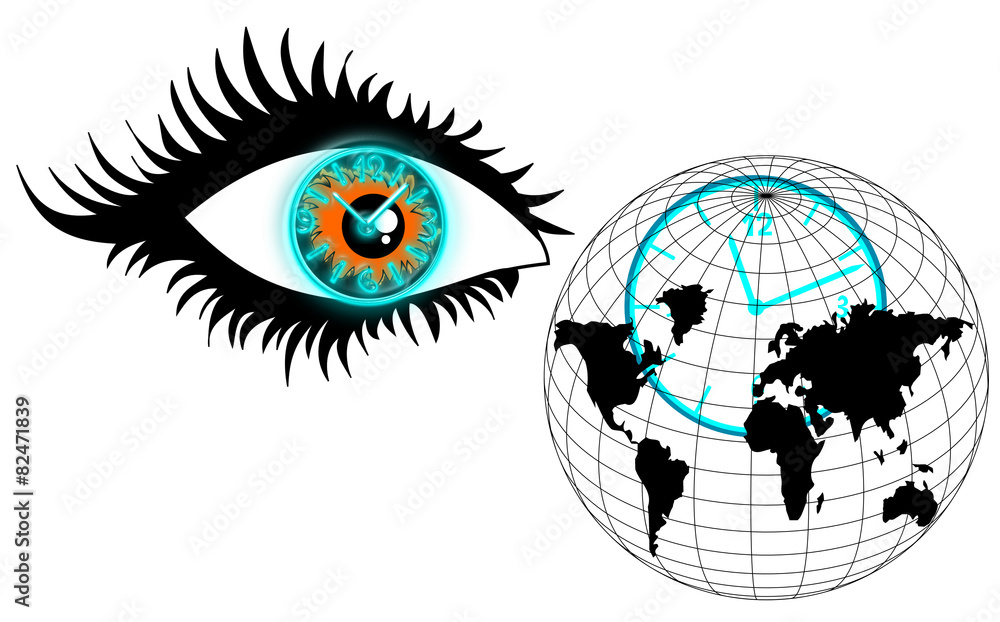 The human eye, clock and globe, look over time, the concept of
