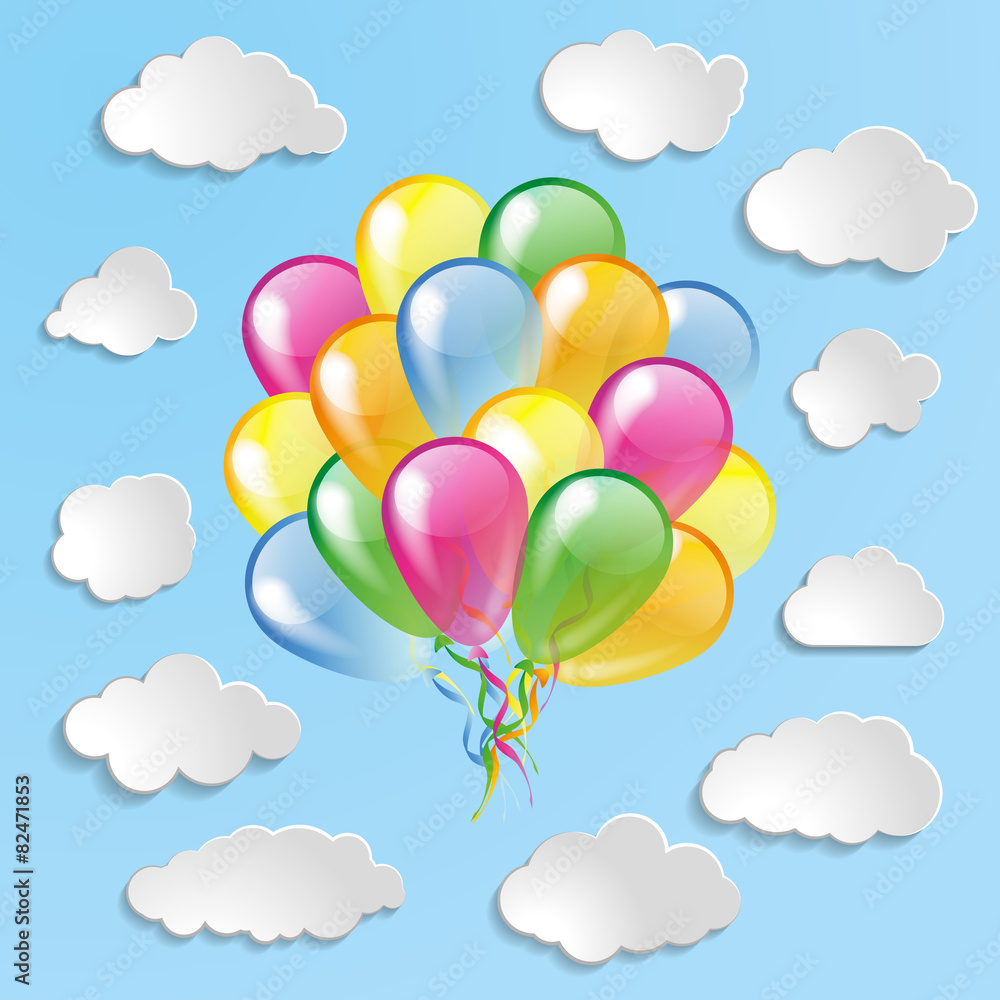 Multicolored glossy balloons with clouds collection on a blue ba