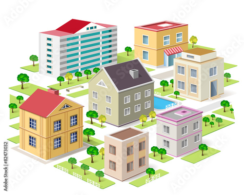 Set of detailed isometric city buildings. 3d city