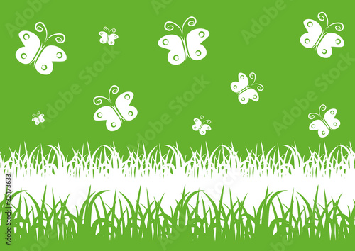Green spring background with butterflies and place for text