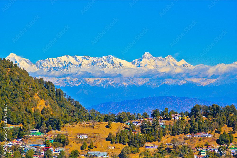View of the Himalayas from Tiffin top, Nainital - obrazy, fototapety, plakaty 