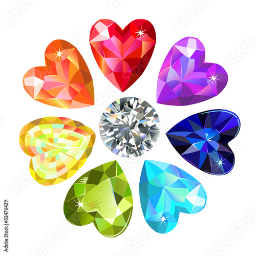 Seamless texture of colored heart cut gems isolated on white bac