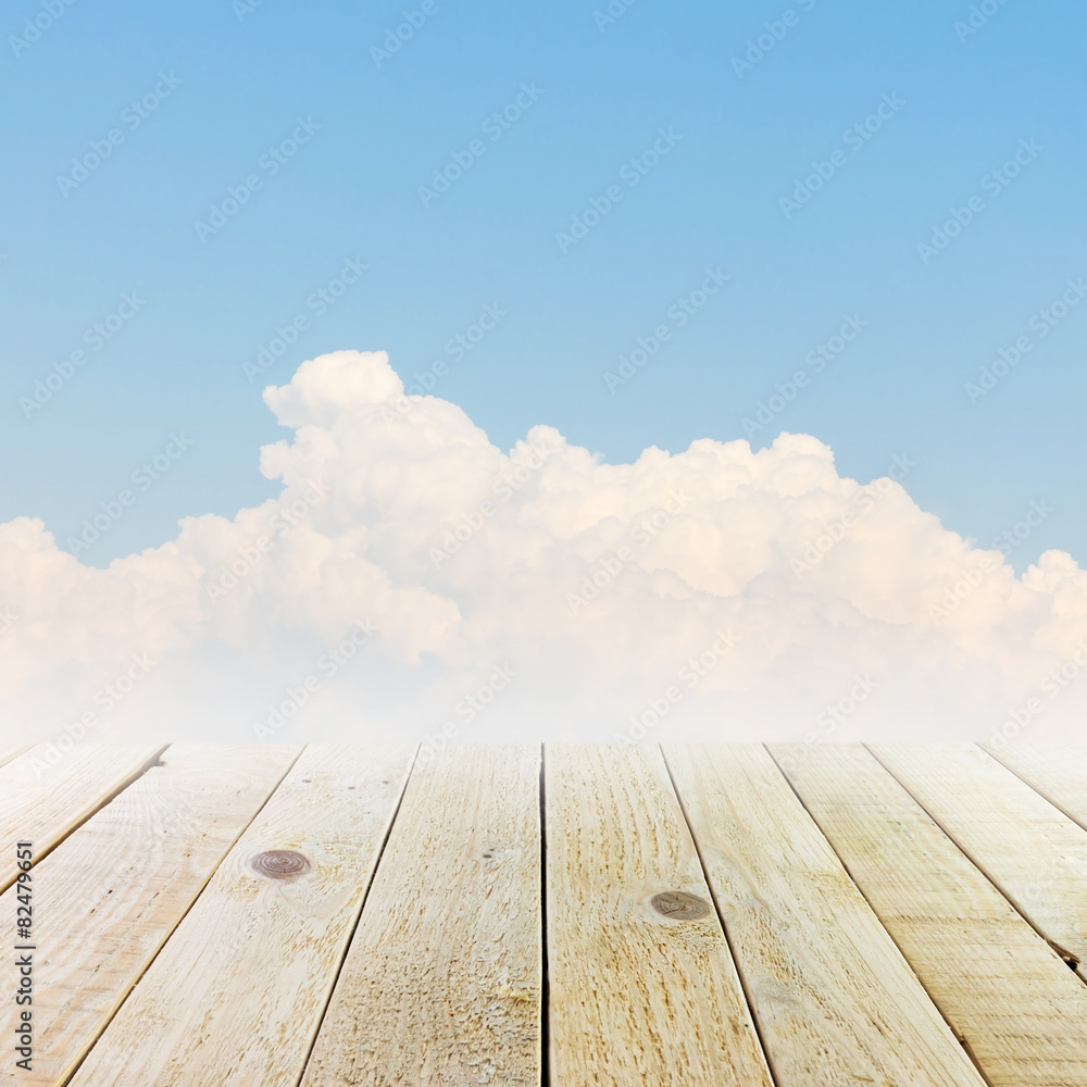 Wood terrace and Blue sky background