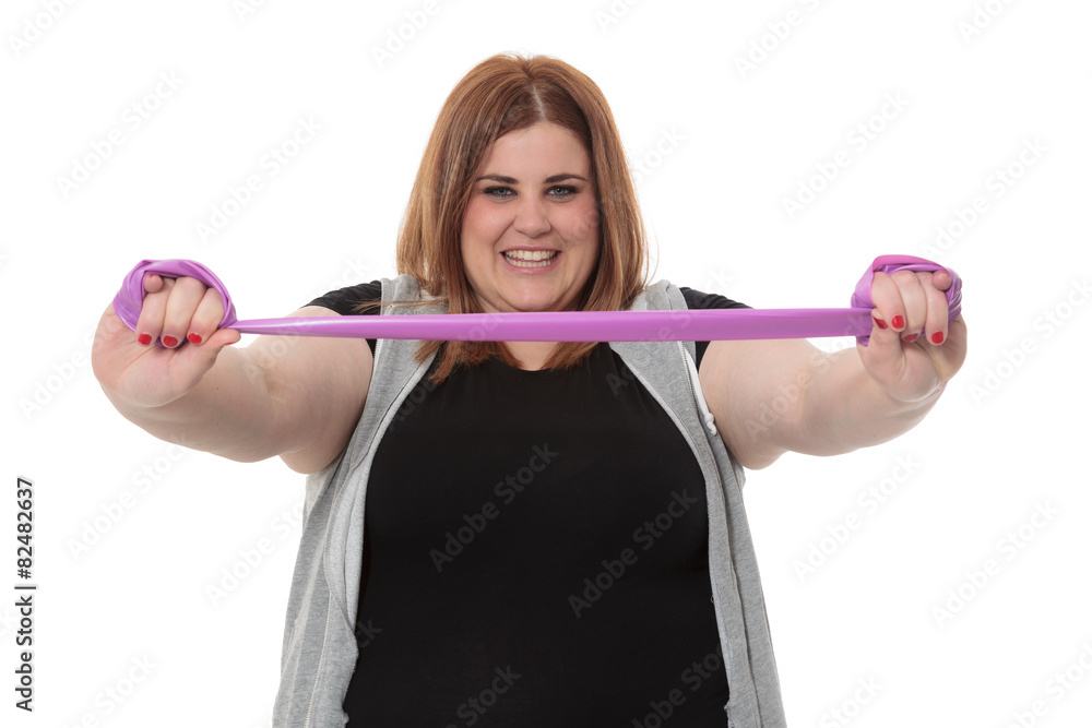 Overweight woman exercising with resistence band on white banckg Overweight woman exercising with resistence band on white banckg