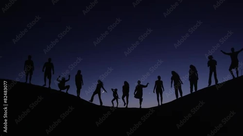 Medium shot of people silhouetted on hill against night sky / Lake Powell, Utah, United States Medium shot of people silhouetted on hill against night sky / Lake Powell, Utah, United States