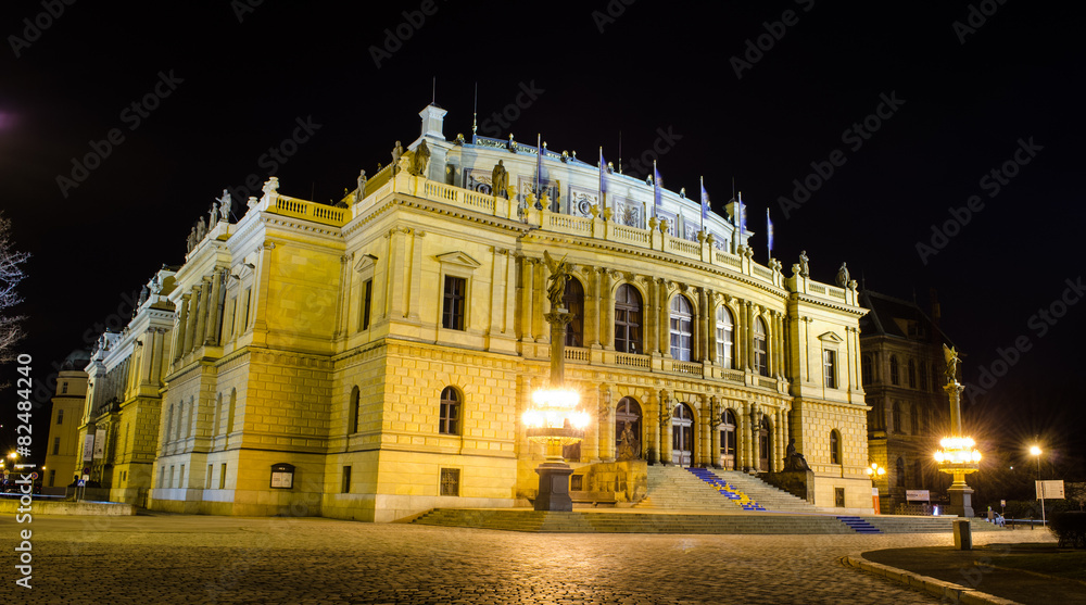 Naklejka premium illuminated building of rudolfinum concert hall in prague.
