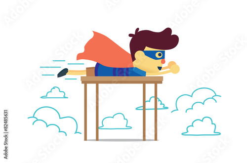 Hero boy flying in imagine sky with lie prone on a table