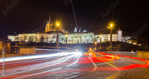 Photography illuminated prague castle and manes bridge in prague.