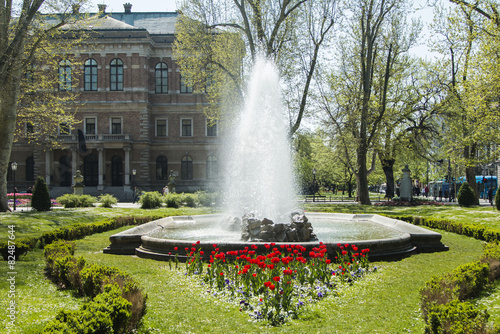 Tulips and fountain in Zrinjevac park in Zagreb, Croatia
