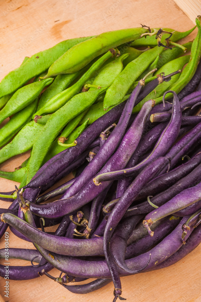 Young green and purple bean pods Young green and purple bean pods
