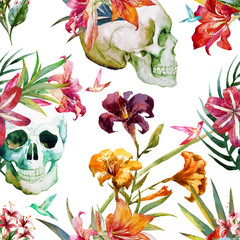 Sierkussen Doodshoofd met bloemen patronen Schedels met rozen donker patroon  © Zenina-Lembrik