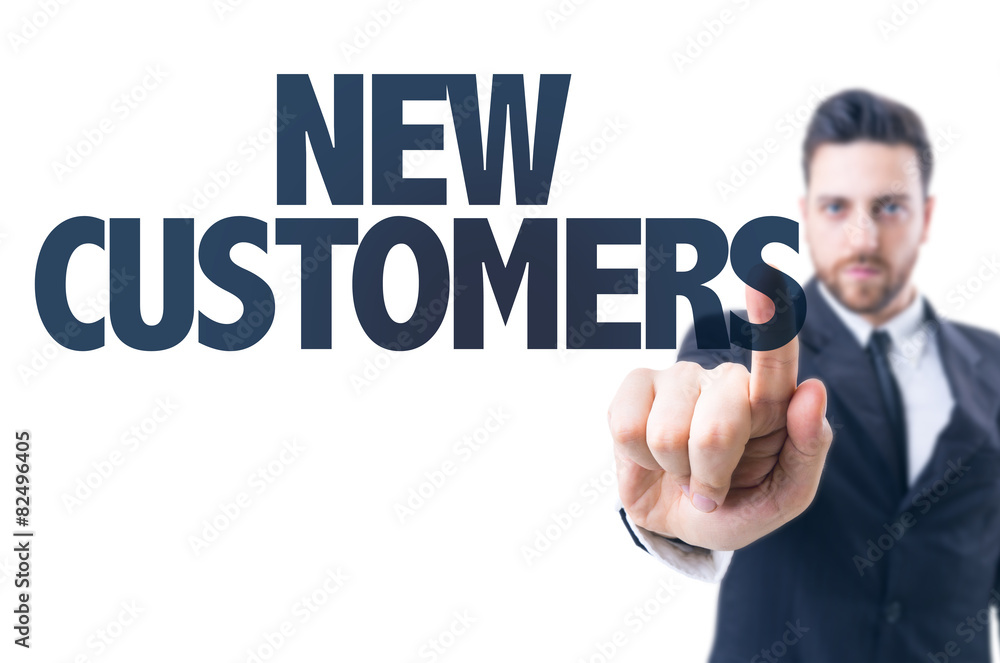 Business man pointing the text: New Customers Business man pointing the text: New Customers