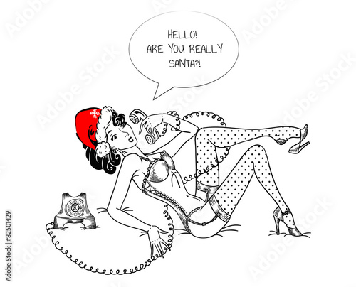 Pin-up classic sexy girl calling Santa