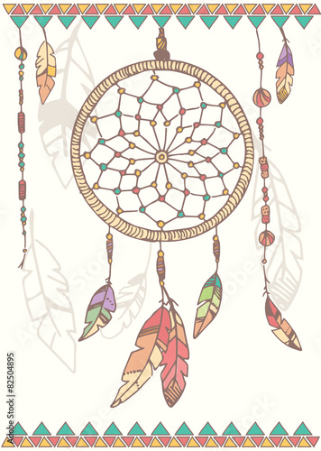 Hand drawn native american dream catcher, beads and feathers