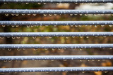 Raindrops on metal fence with natural blurry background