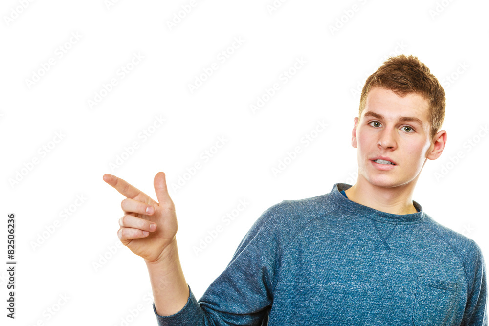 man showing copy space pointing with finger man showing copy space pointing with finger