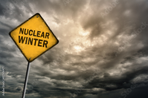 Sign with words 'Nuclear winter' and thunderclouds