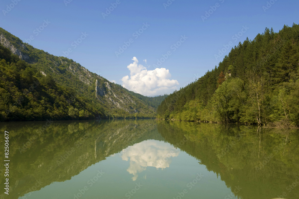 Drina river at Bosnia and Herzegovina surrounded with mountains