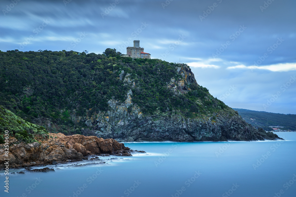 Cliff rock and building on the sea on winter. Quercianella, Tusc