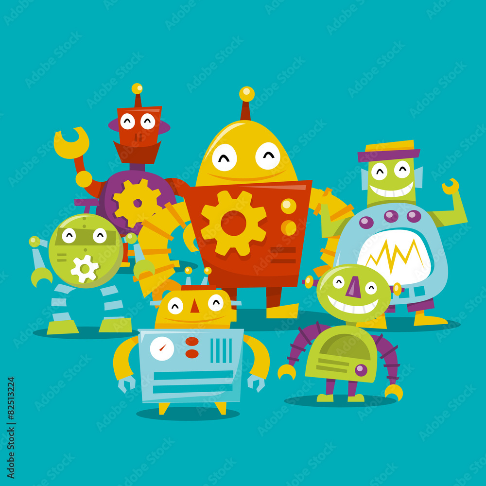 Fototapeta premium Happy Retro Robots Family Portrait