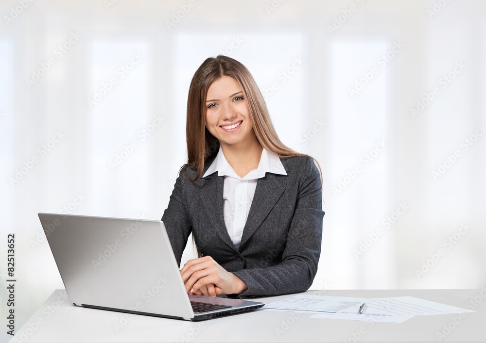 Arrow. Business woman sitting at white table with hand drawn Arrow. Business woman sitting at white table with hand drawn