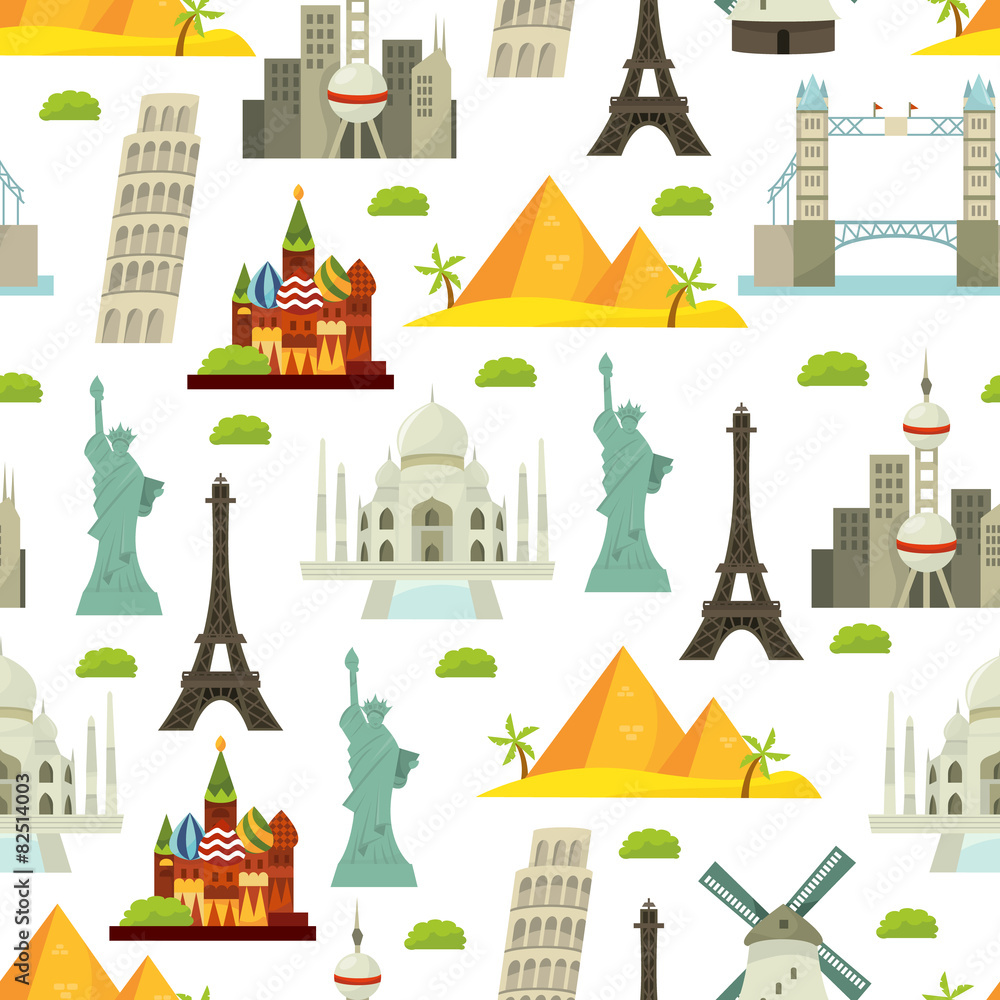 World Iconic Landmarks Seamless Pattern Background
