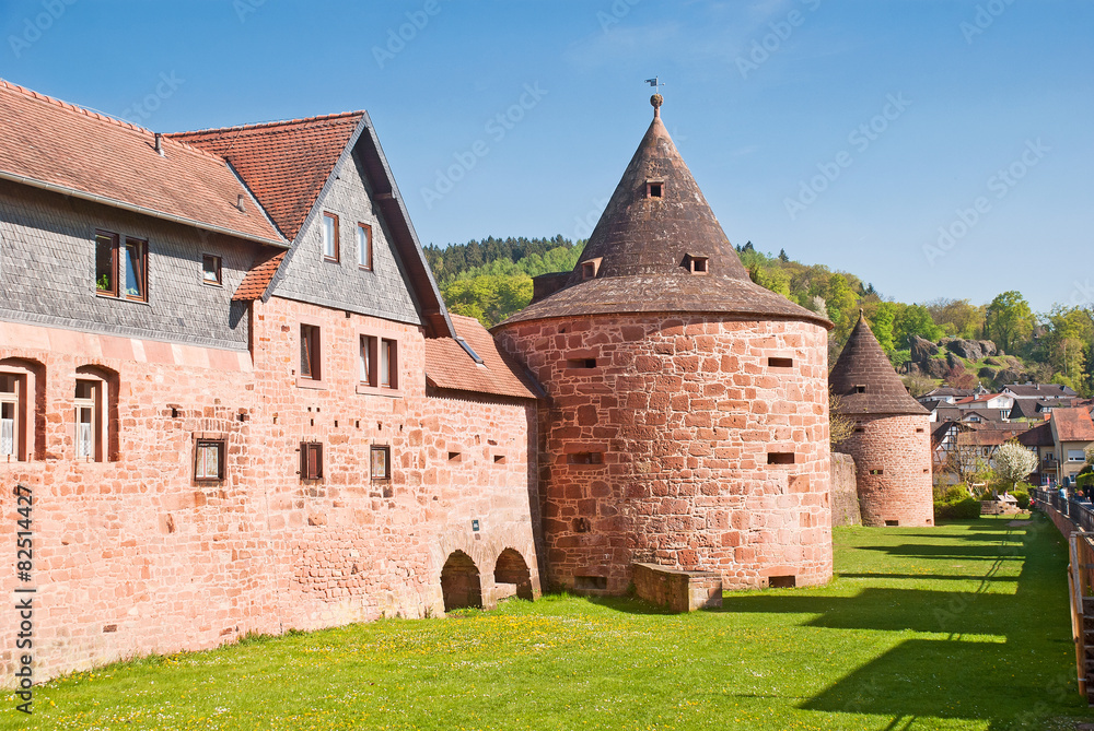 Die Büdinger Stadtmauer mit Wilden Stein im Hintergrund