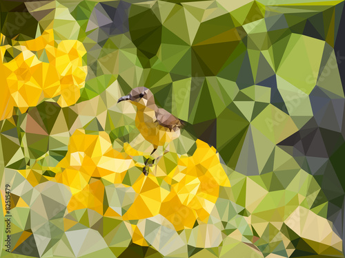 Low poly geometric of little bird on yellow flower