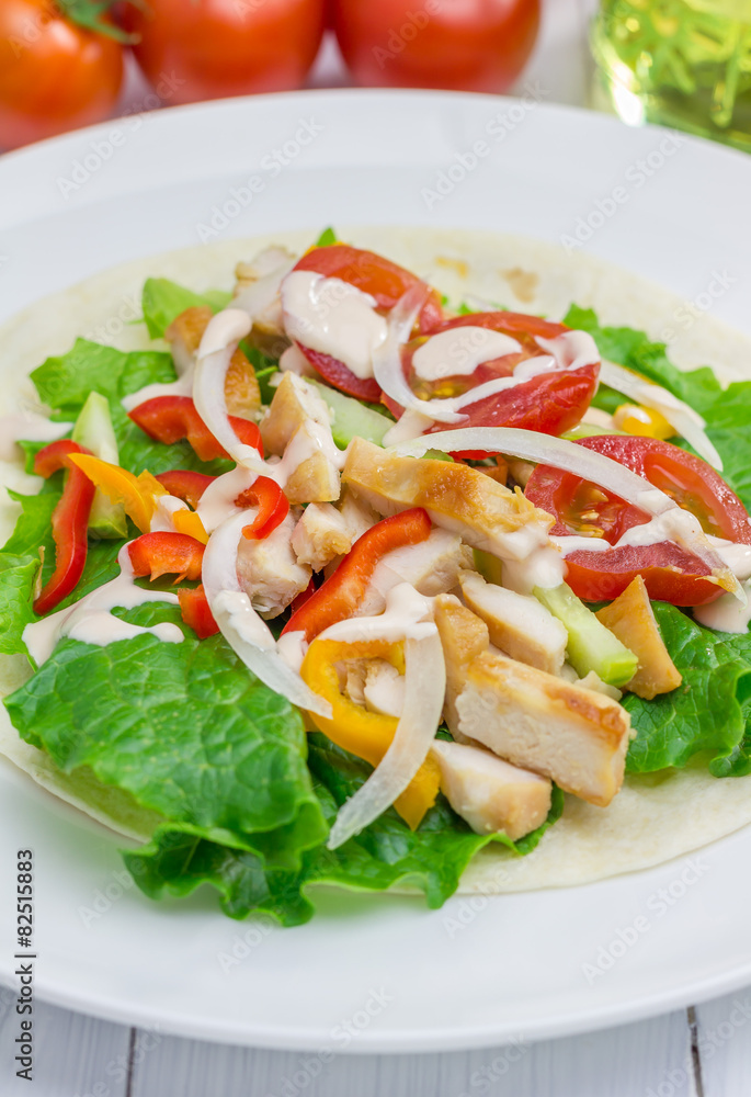 Roasted chicken fillet with salad on wheat tortilla