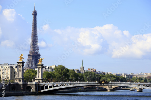 Eiffel Tower paris france landscape view over the river seine with alexander bridge pont alexandre photo © david_franklin