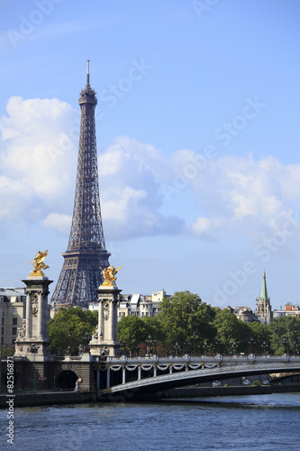 Eiffel Tower paris france landscape view over the river seine with alexander bridge pont alexandre photo vertical © david_franklin