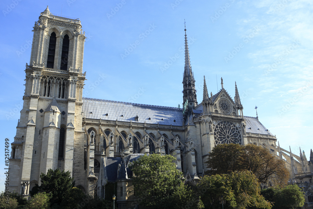Notre Dame cathedral Paris France side view scene from River Seine with towers and rose window photo
