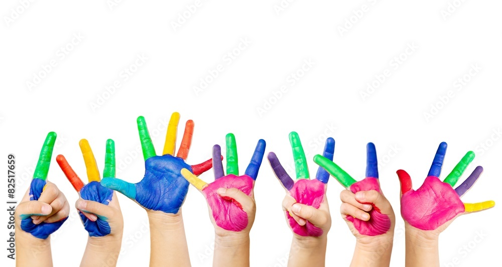Arm. Painted children's hands in different colors with smilies Arm. Painted children's hands in different colors with smilies