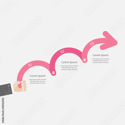 Hand  three step pink upwards arrow Timeline Infographic Flat 