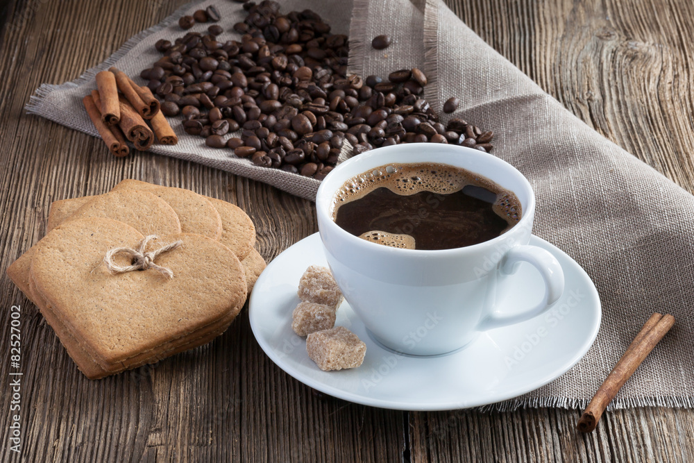 Coffee cup with cookies, cinnamon Coffee cup with cookies, cinnamon