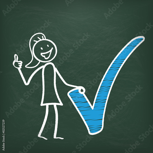 Kreidetafel Strichmännchen Frau Häkchen Ok