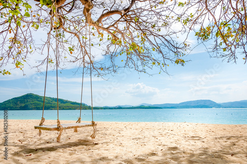 Swing hanging under the tree on the beach