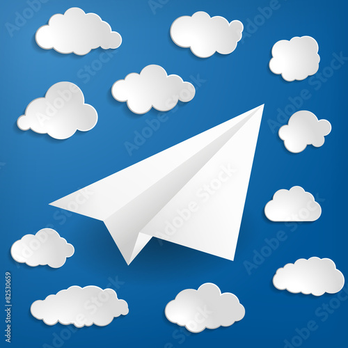 White paper airplane with clouds on a blue background