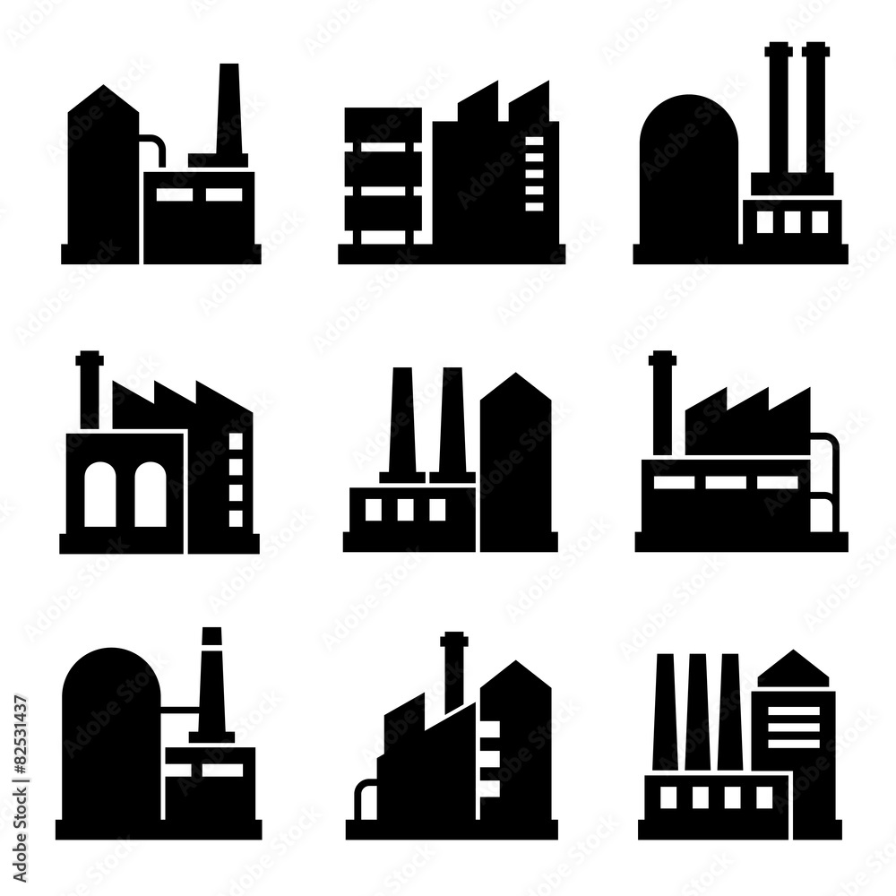 Factory and Power Industrial Building Icon Set 2. Vector