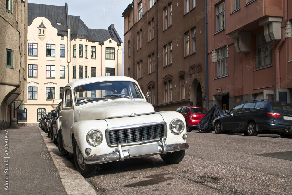 Old car in downtown of old city in Helsinki Old car in downtown of old city in Helsinki