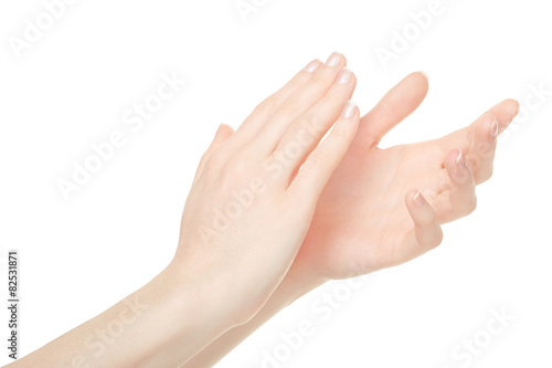 Woman clapping hands  applause isolated on white  clipping path