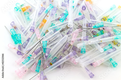 Close up many medical syringe needle