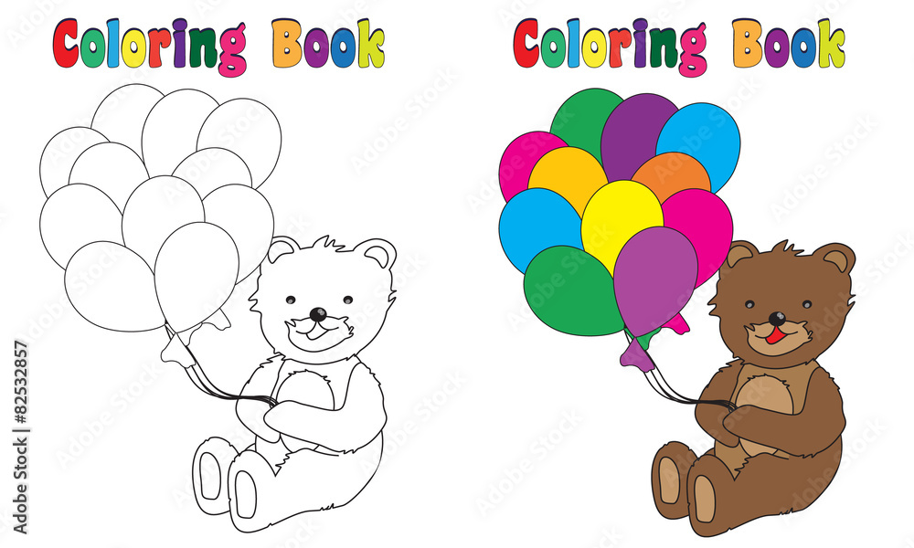 Fototapeta premium Coloring Book Page teddy with baloons