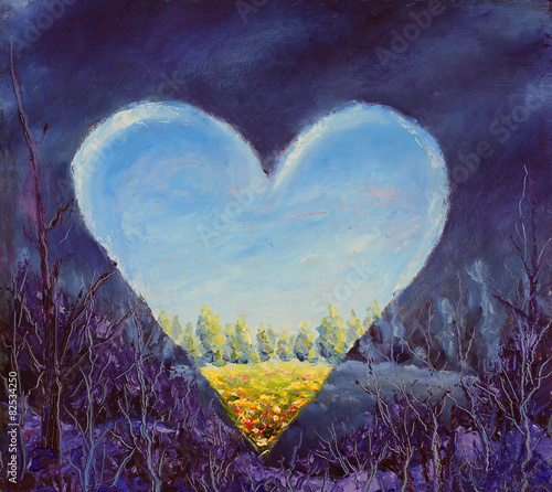 Heart, spring heart on canvas. Open heart. Knife art. photo