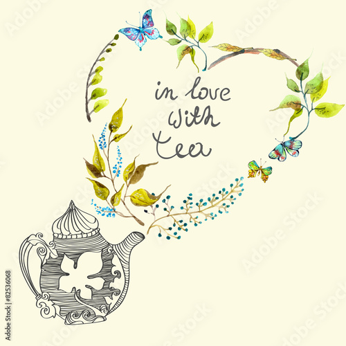 Watercolor colorful background with flowers and teapot