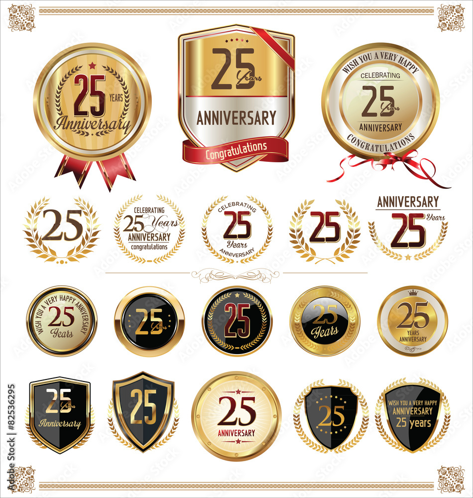 Anniversary golden labels and badges, 25 years