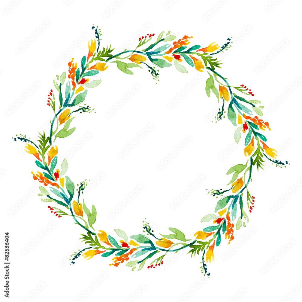Obraz premium Vector round frame with watercolor flowers.
